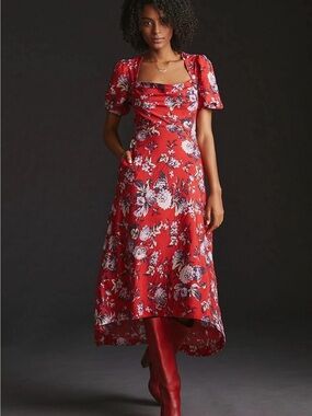 ANTHROPOLOGIE MAEVE Floral Red Puff Sleeve Midi Dress size 8 high low